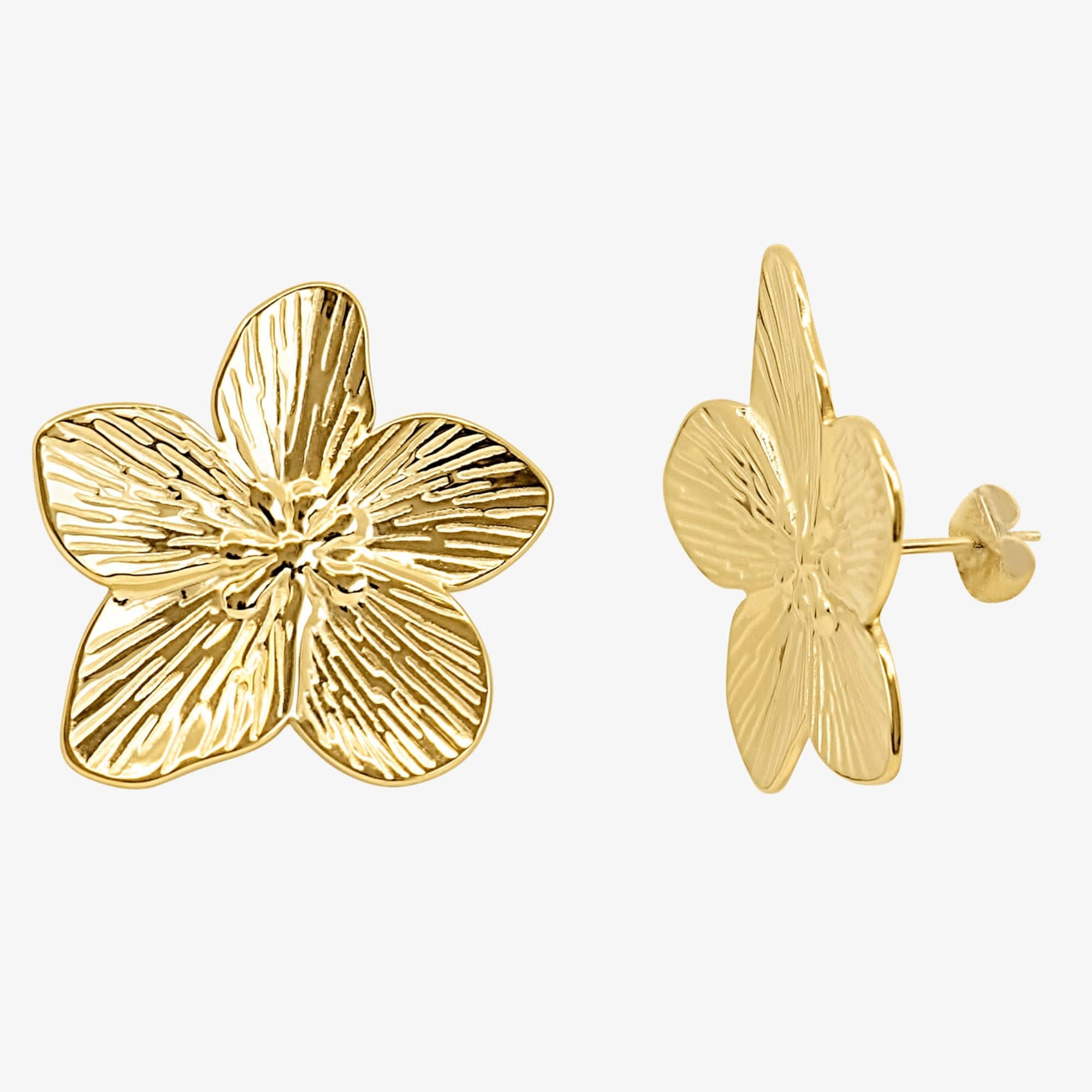 Pair of gold tone five petal flower stud earrings with textured petals on a white background