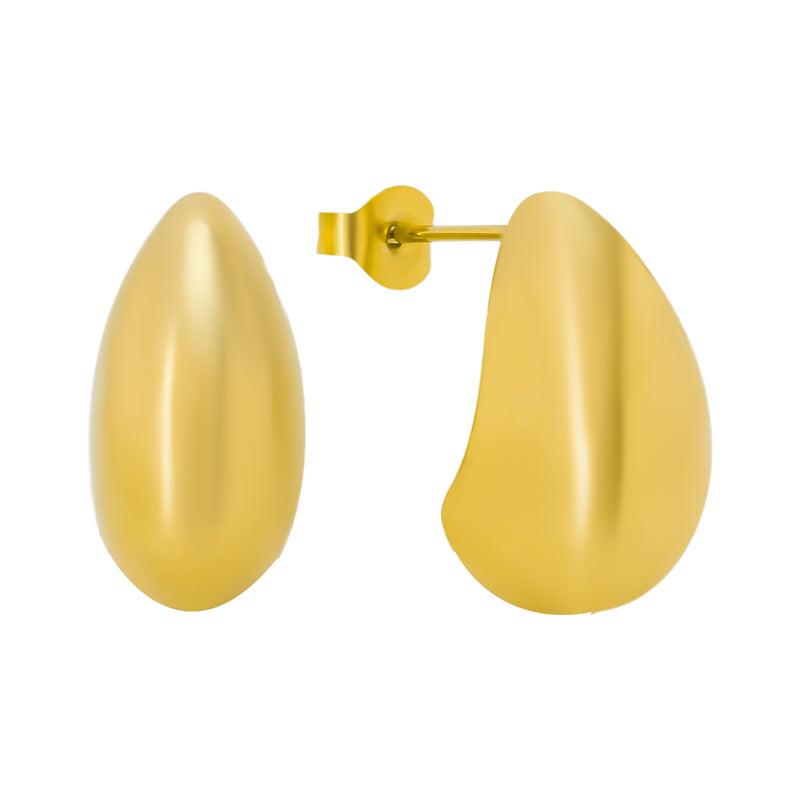 Gold teardrop stud earrings on a white background