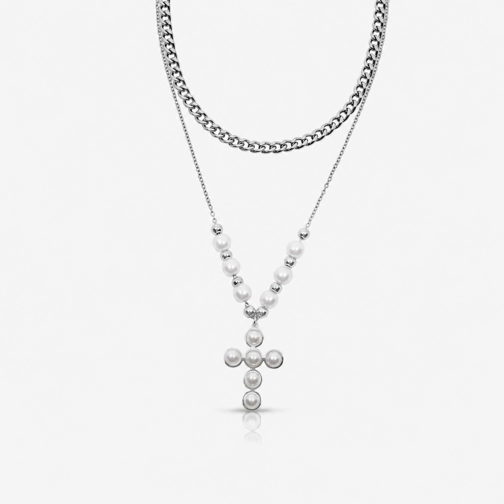 Pearly Blessing  Cross Double Layered Necklace - EVRYJEWELS