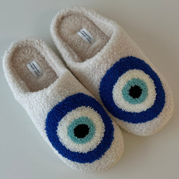 Evil Eye Happy Face Slippers - Women's Cozy Plush Teddy House Slippers, Memory Foam